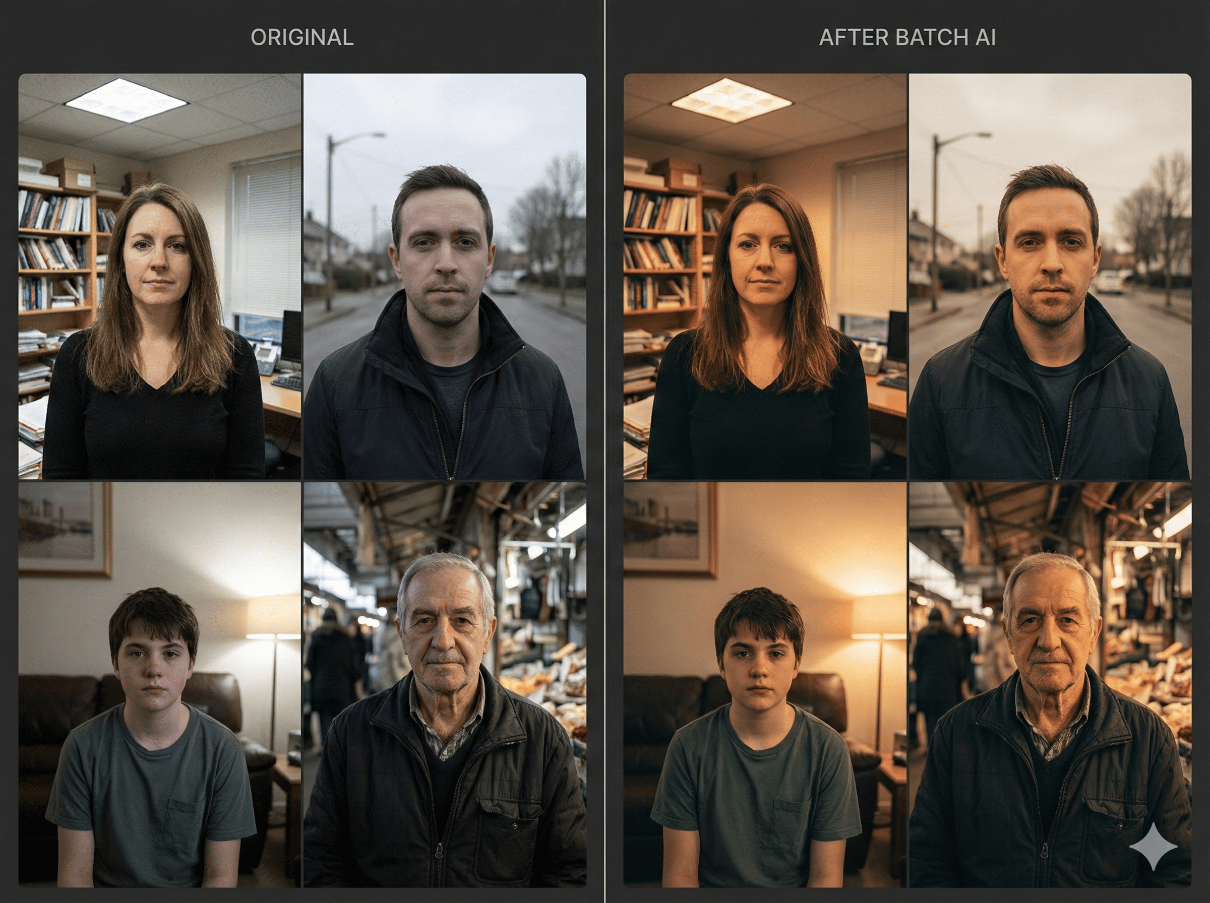 EZEditor interface showing a single prompt being applied to a group of different photos.