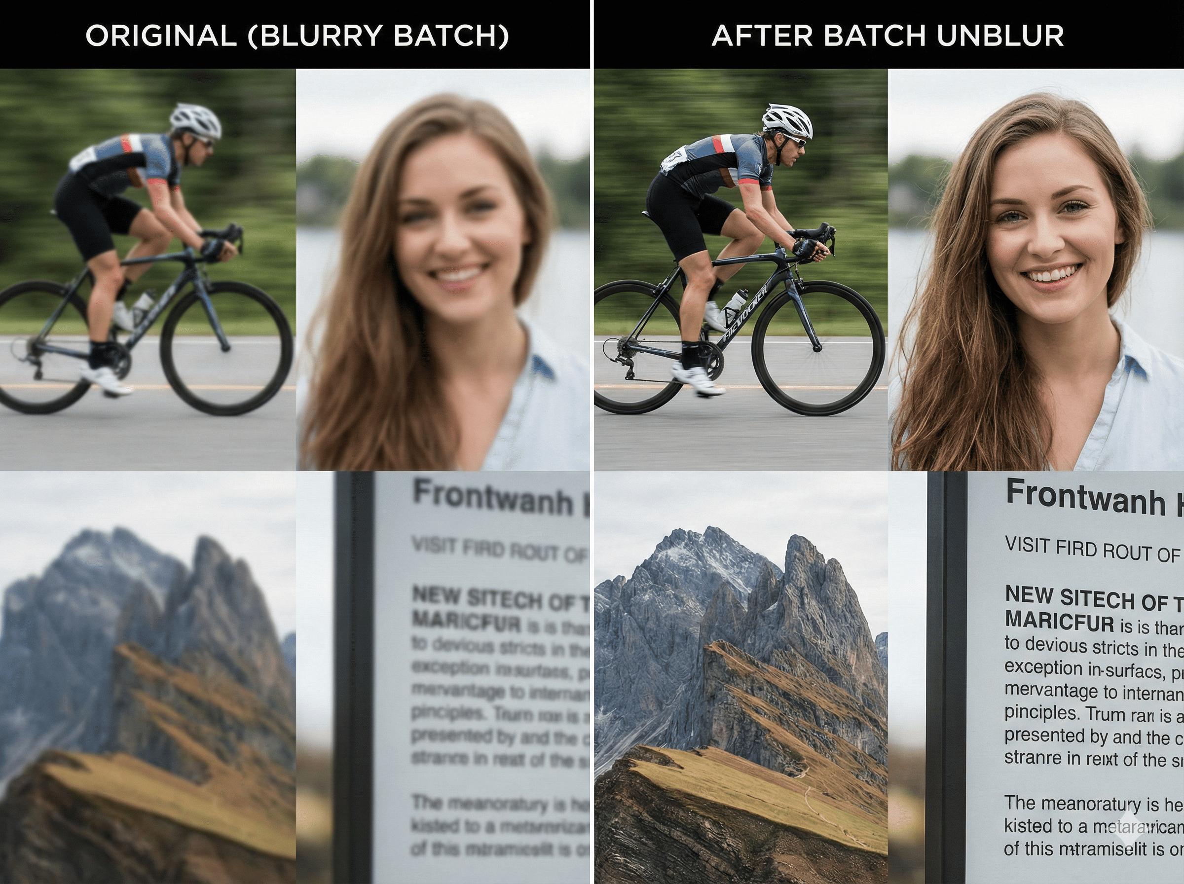 Comparison showing a batch of blurry photos becoming sharp and clear after processing.