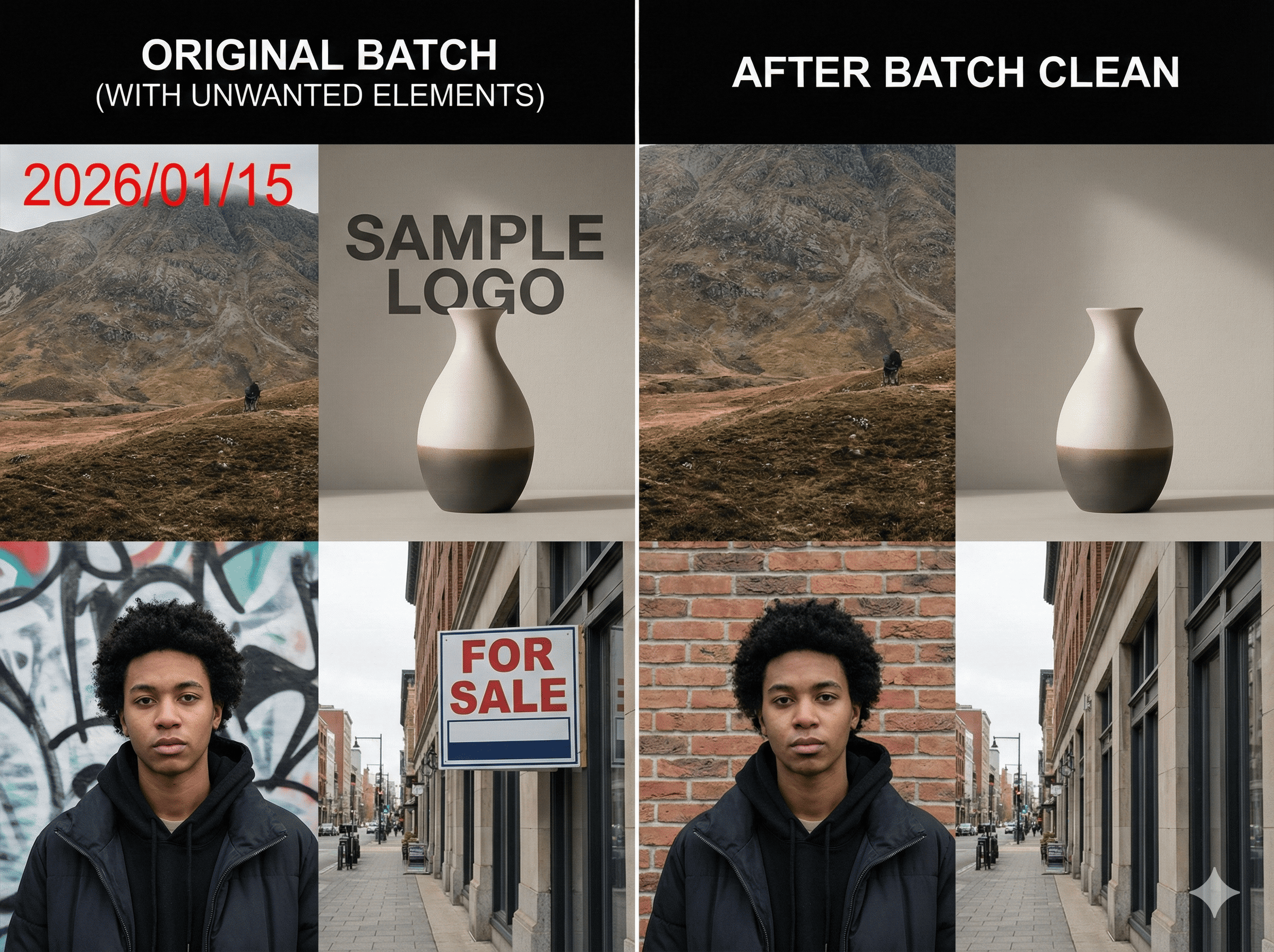 Demonstration of several photos with watermarks being cleaned at once.
