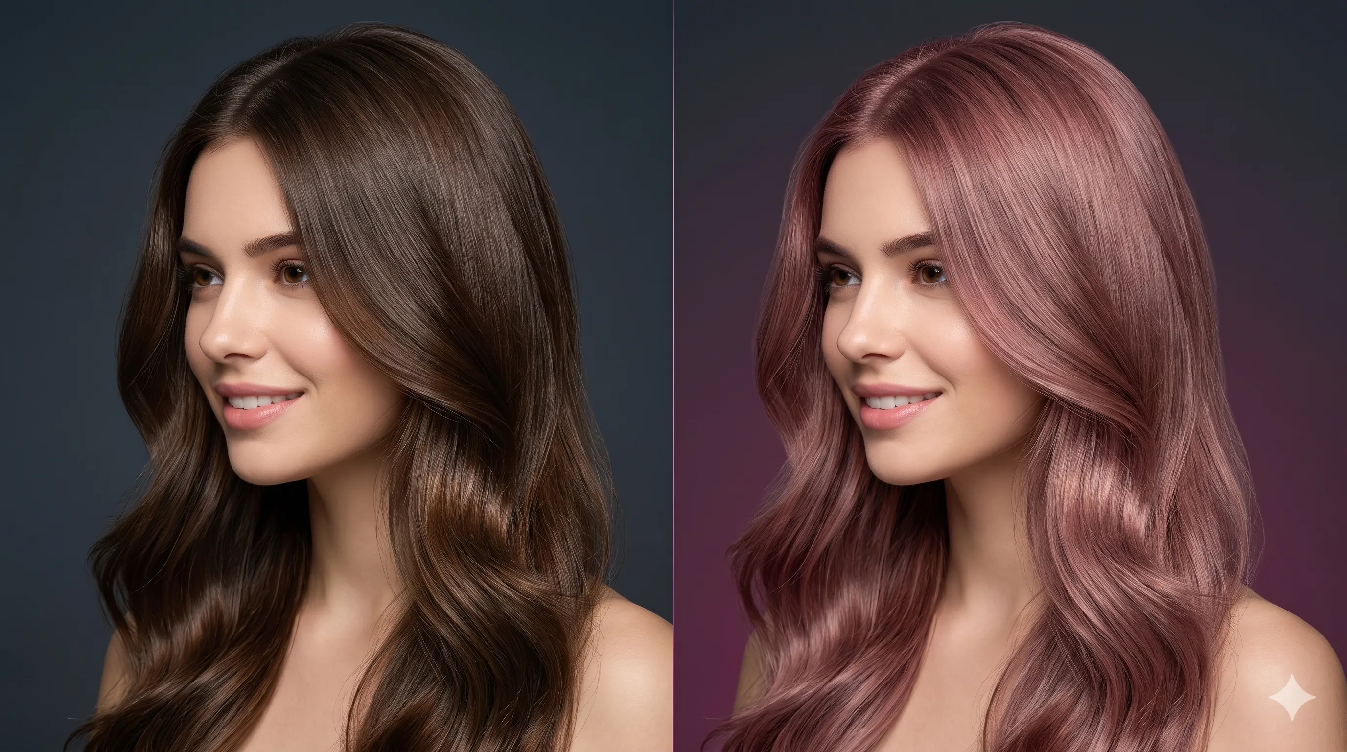Before and after transforming look with free AI hair color changer