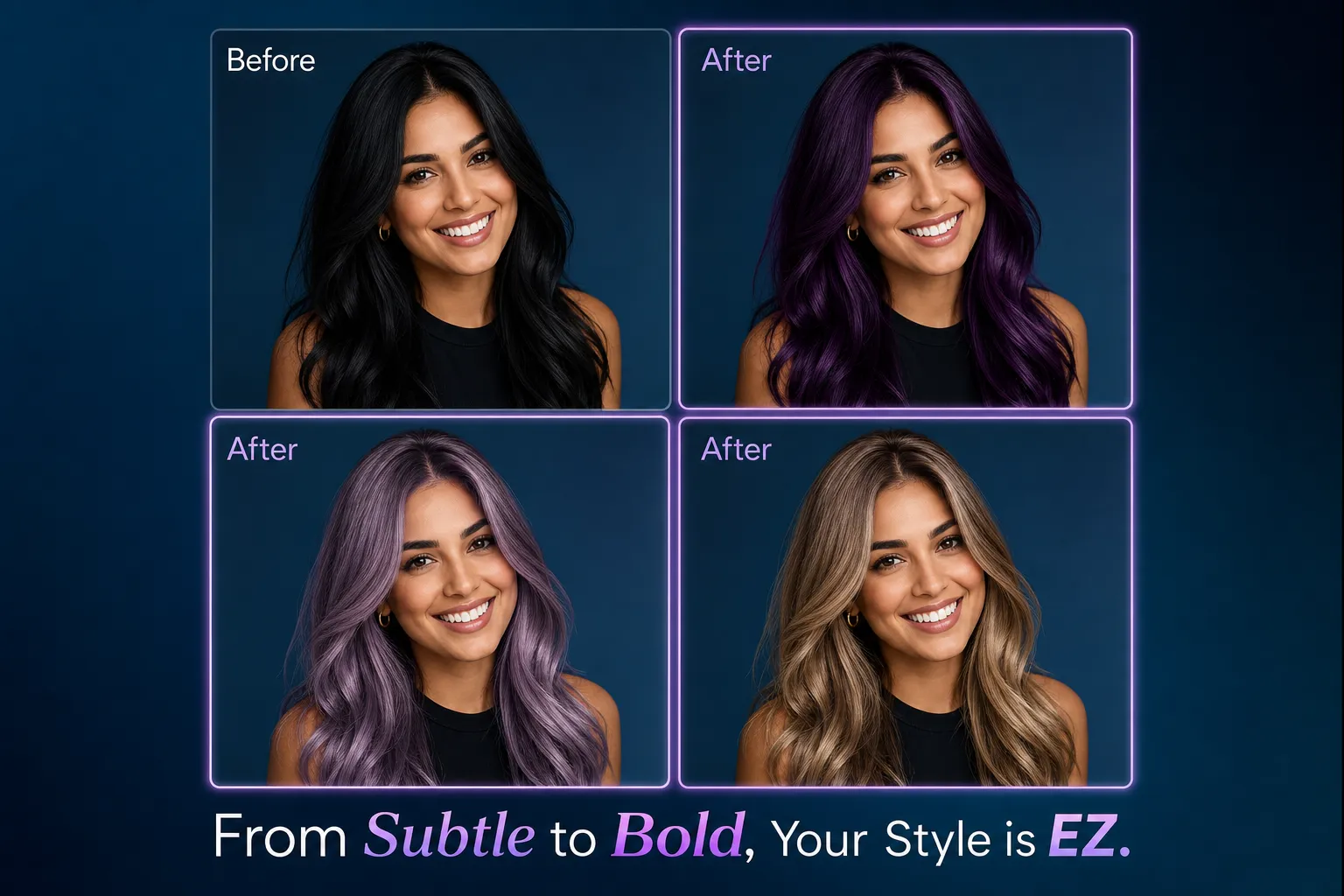 Model testing platinum blonde shade using Ezeditor hair color changer AI.