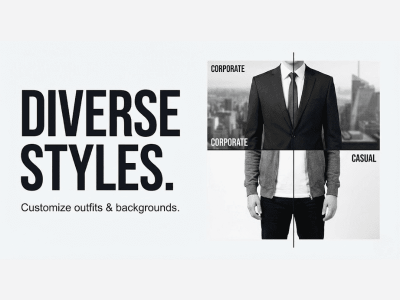 Grid of AI headshots showing the same person in business suits, medical coats, and casual wear.