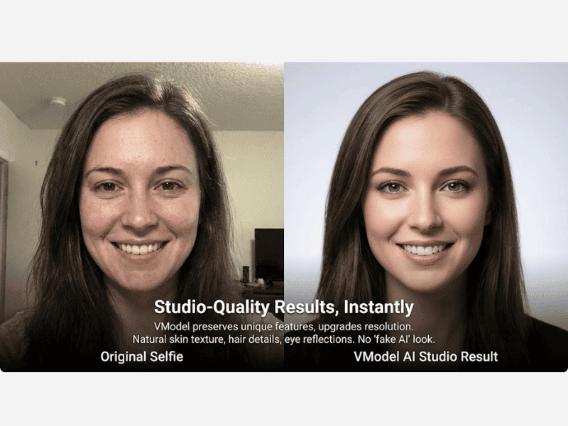 Comparison between a blurry selfie and a high-resolution AI generated professional headshot.