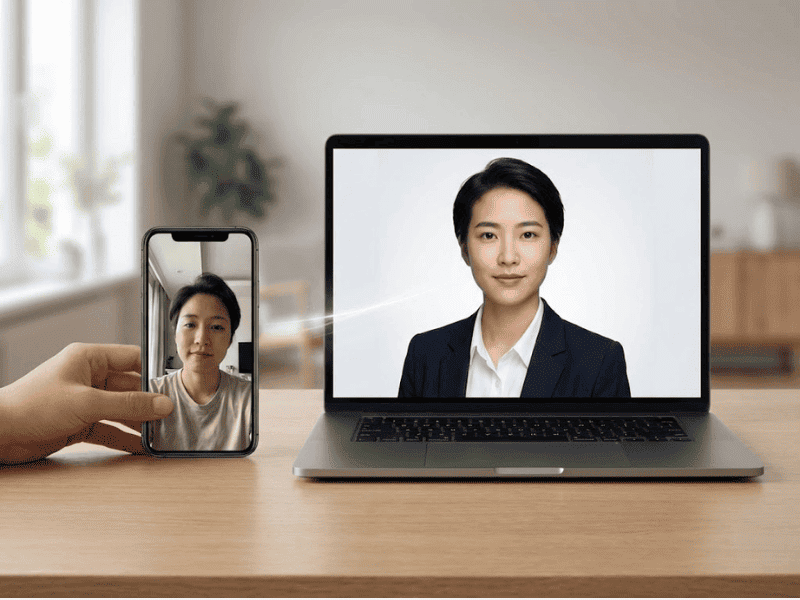 User uploading a selfie from mobile phone to generate professional business headshot.