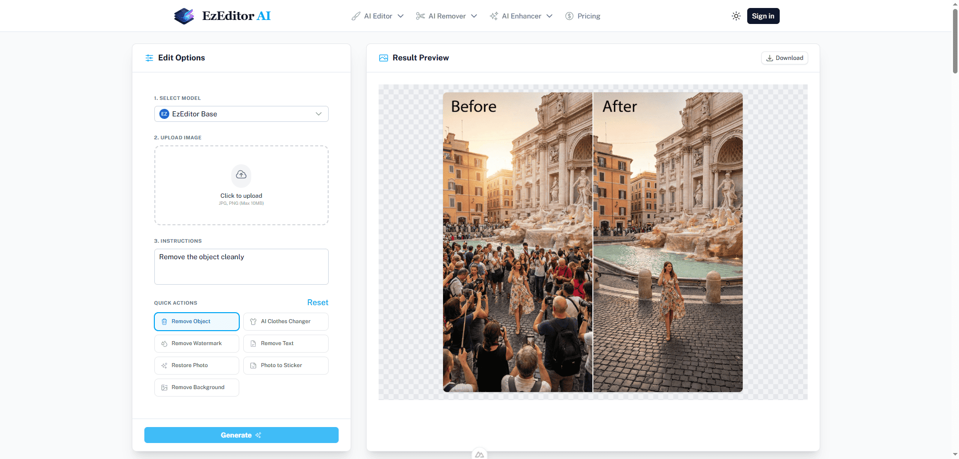 Screenshot of EzEditor AI Magic Editor interface showing how to remove objects using simple text prompts like 'remove trash can'.