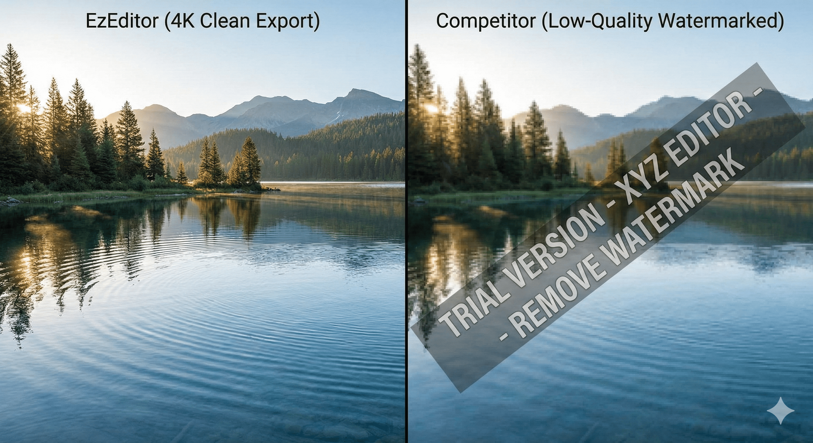 High-resolution 4K photo export comparison showing EzEditor’s clean result versus a watermarked competitor image.
