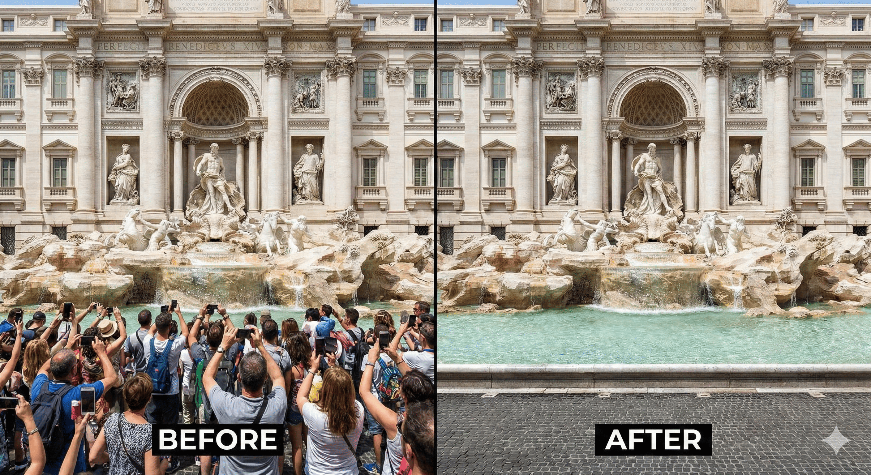 Before and after comparison of AI removing tourists from a crowded travel photo at a famous landmark using EzEditor AI.