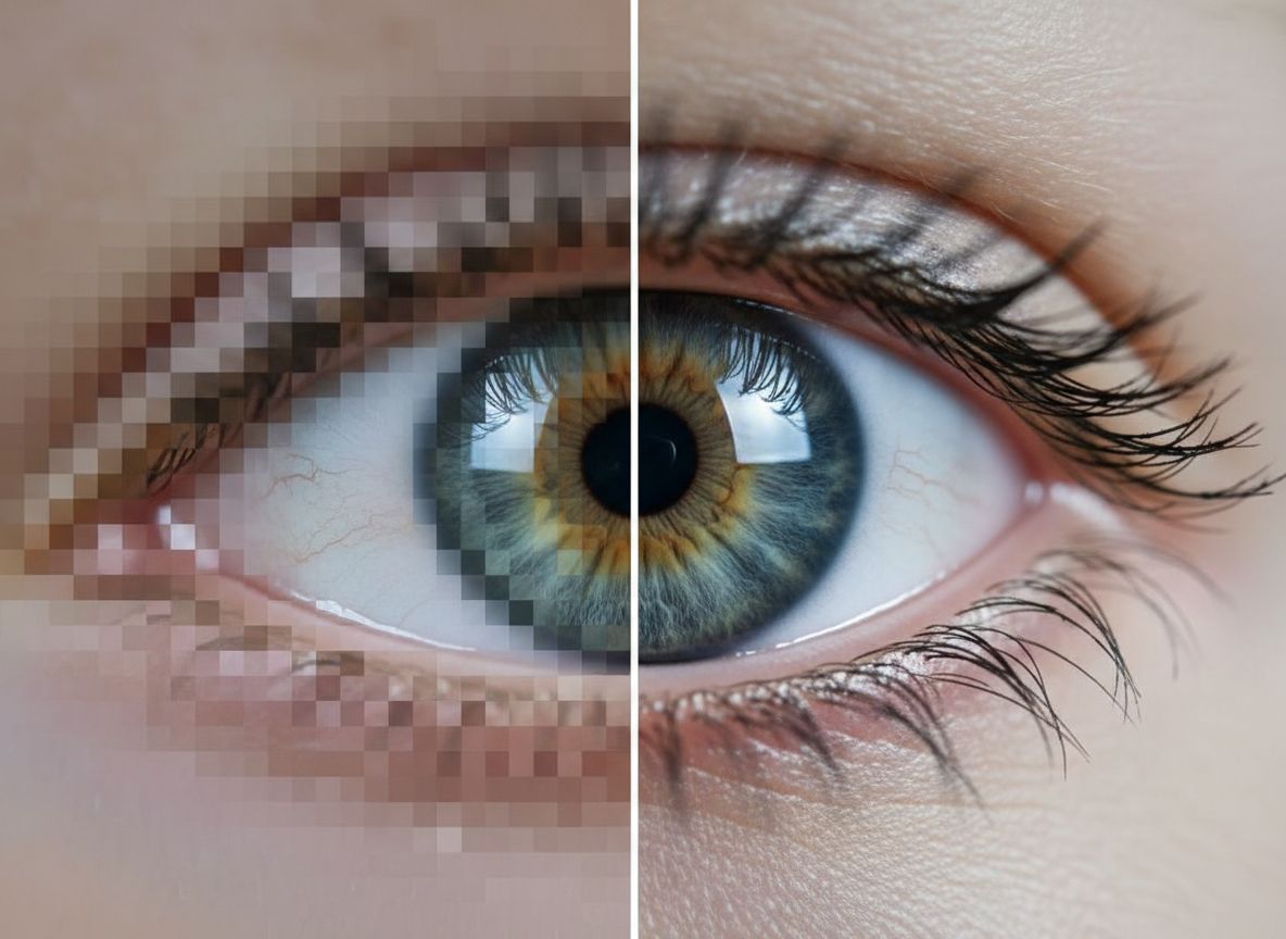 Split-screen comparison of a blurry photo versus the 4K upscaled version.