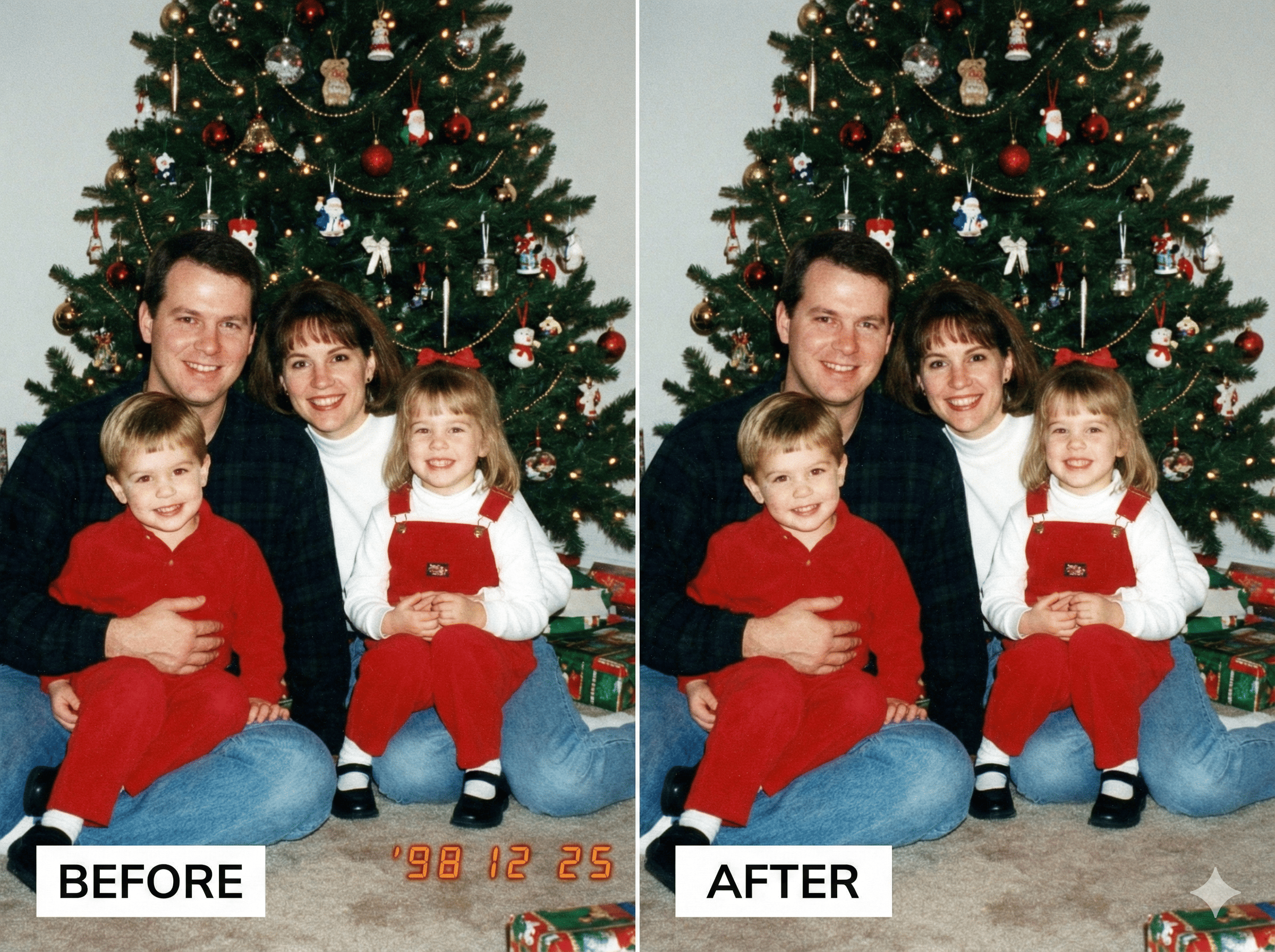 Before and after comparison of removing a digital date stamp from an old photo.