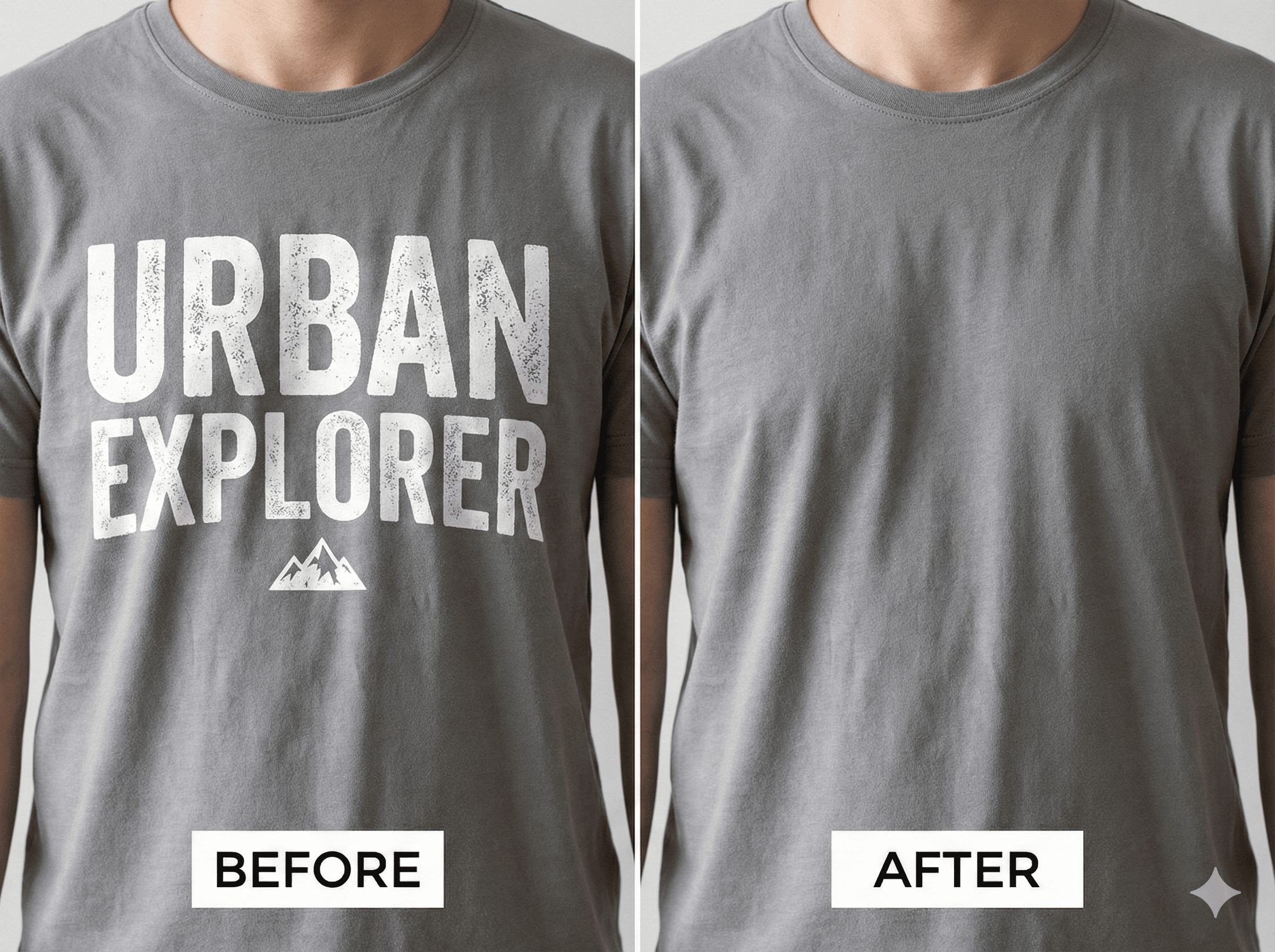 Product photography showing removal of promotional text and price tags.